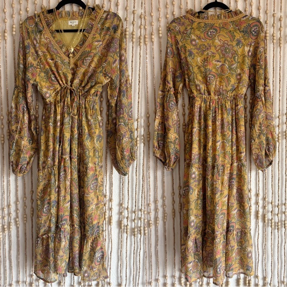 World Market Boho Floral Peasant Long Sleeve Tiered V Neck 
 Yellow Maxi Dress - Picture 1 of 8